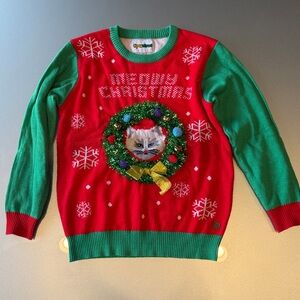 Tipsy Elves Youth Medium Meowy Ugly Christmas Sweater Red/Green/ White, Ages 8-9